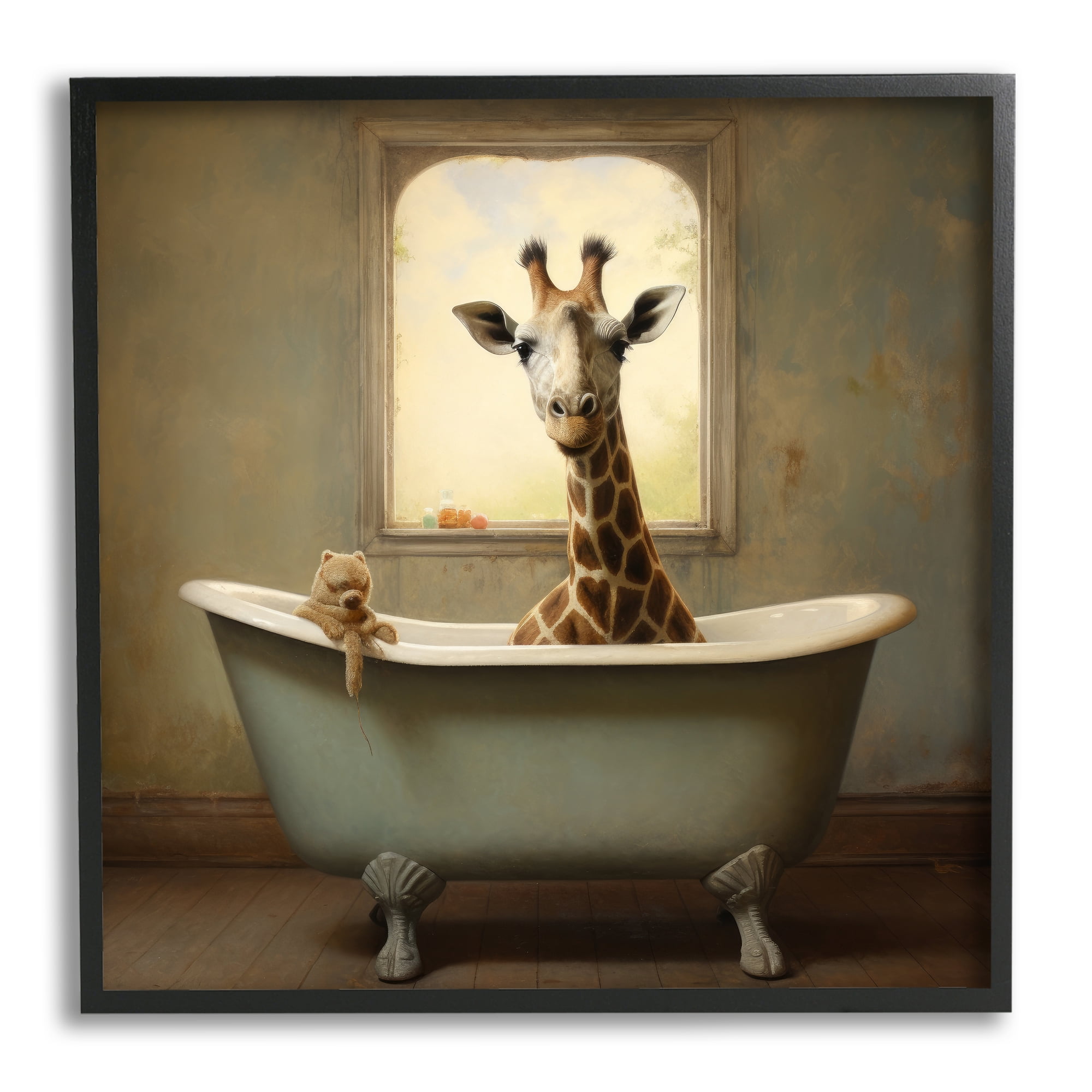 Stupell Industries Vintage Giraffe in Tub Animals & Insects Painting Black Framed Art Print Wall Art, 24 x 24