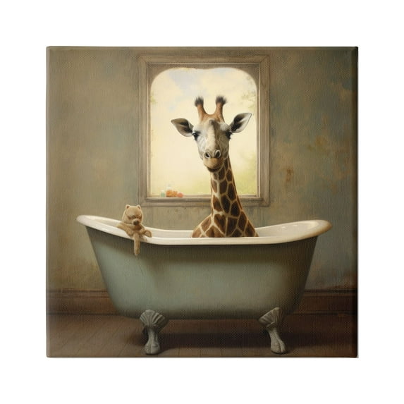 Stupell Industries Vintage Giraffe in Tub Animals & Insects Painting Gallery Wrapped Canvas Art Print Wall Art, 30 x 30