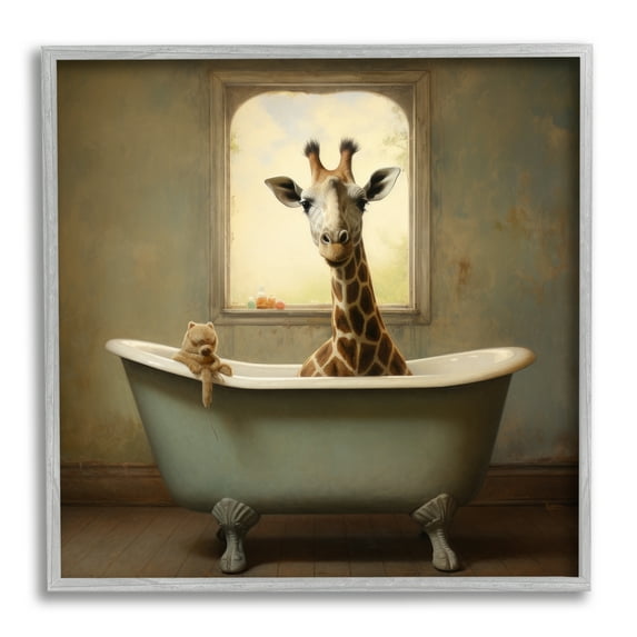 Stupell Industries Vintage Giraffe in Tub Animals & Insects Painting Gray Framed Art Print Wall Art, 12 x 12