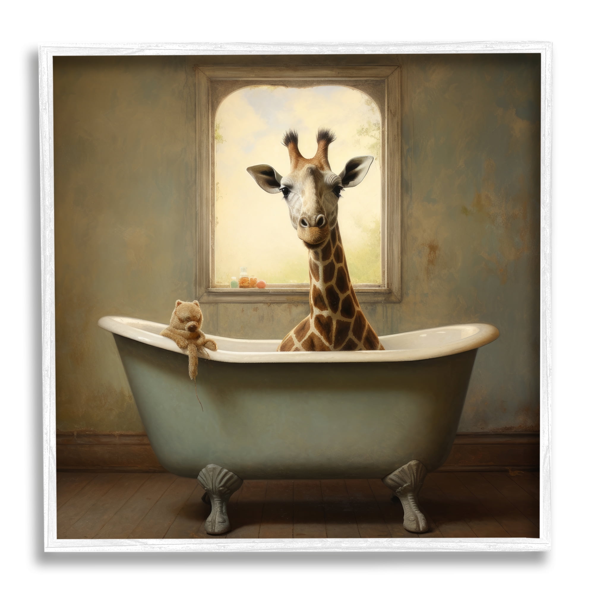 Stupell Industries Vintage Giraffe in Tub Animals & Insects Painting White Framed Art Print Wall Art, 24 x 24