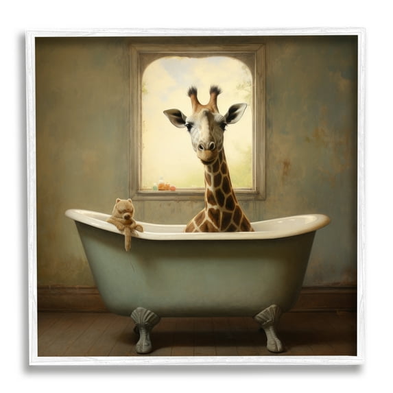 Stupell Industries Vintage Giraffe in Tub Animals & Insects Painting White Framed Art Print Wall Art, 24 x 24