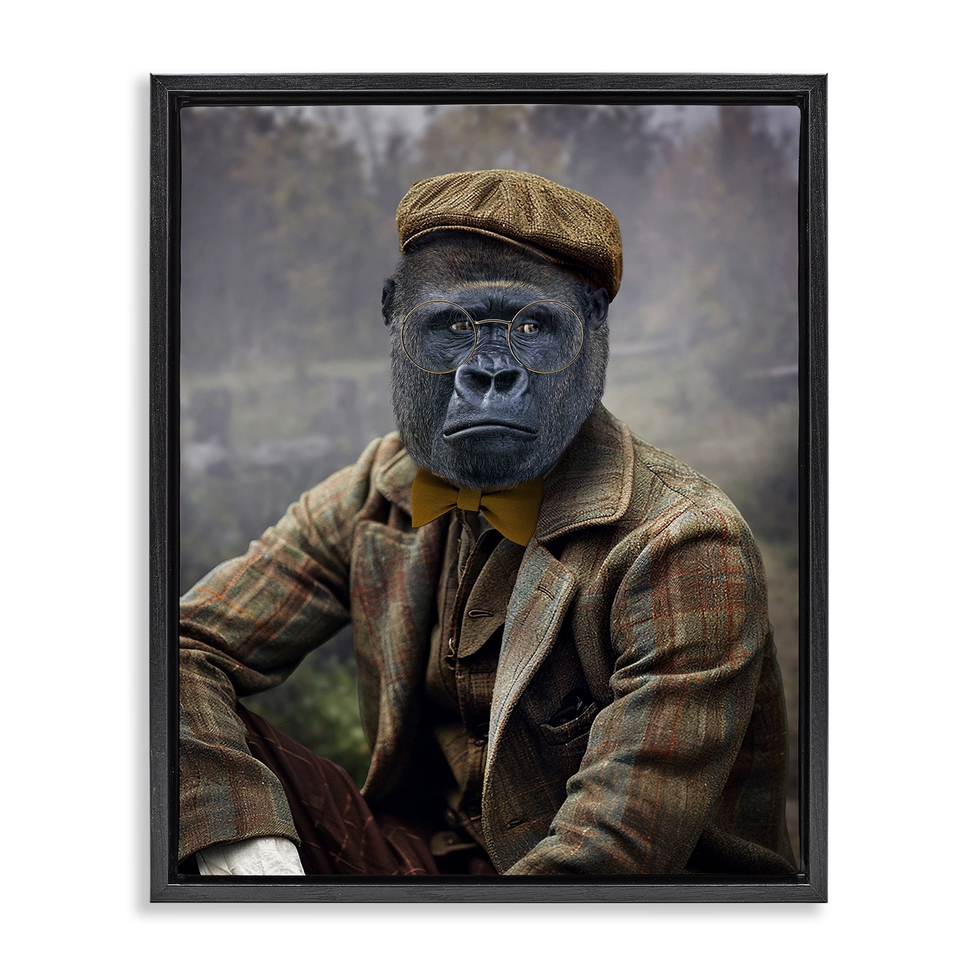 Stupell Industries Vintage Gorilla Portrait Animals & Insects Painting Black Floater Framed Canvas Art Print Wall Art, 17 x 21