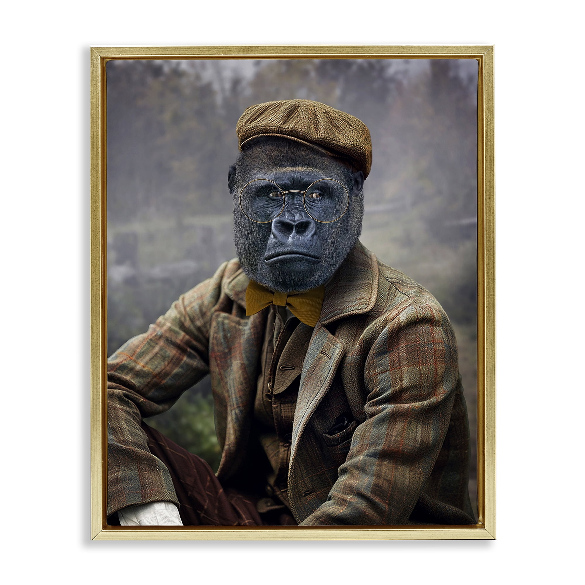 Stupell Industries Vintage Gorilla Portrait Animals & Insects Painting Gold Floater Framed Canvas Art Print Wall Art, 17 x 21