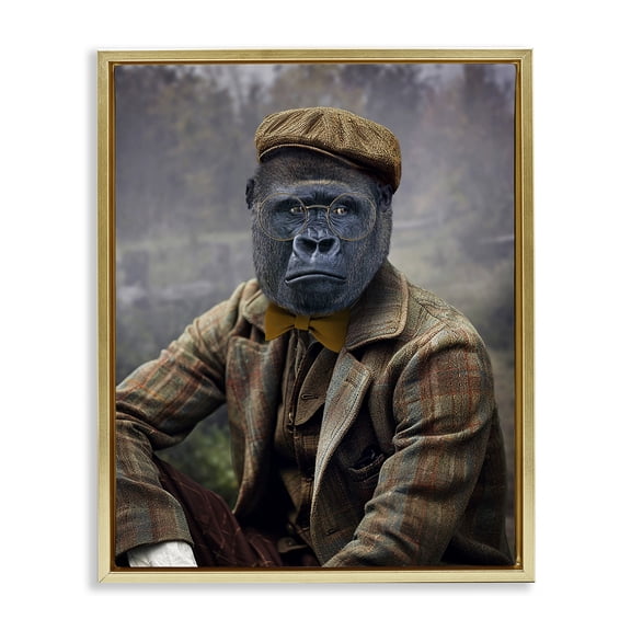 Stupell Industries Vintage Gorilla Portrait Animals & Insects Painting Gold Floater Framed Canvas Art Print Wall Art, 25 x 31