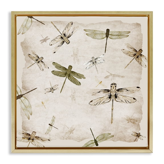 Stupell Industries Vintage Grace Dragonflies Gold Framed Floater Canvas Wall Art design by Jacob Q, 25 x 25