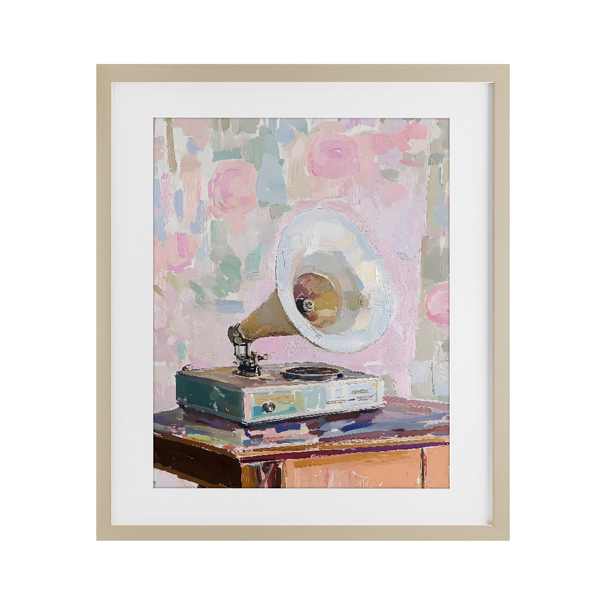 Stupell Industries Vintage Gramophone in Soft Pastels Birch Framed Print Under Glass, design by The Prints Vibe