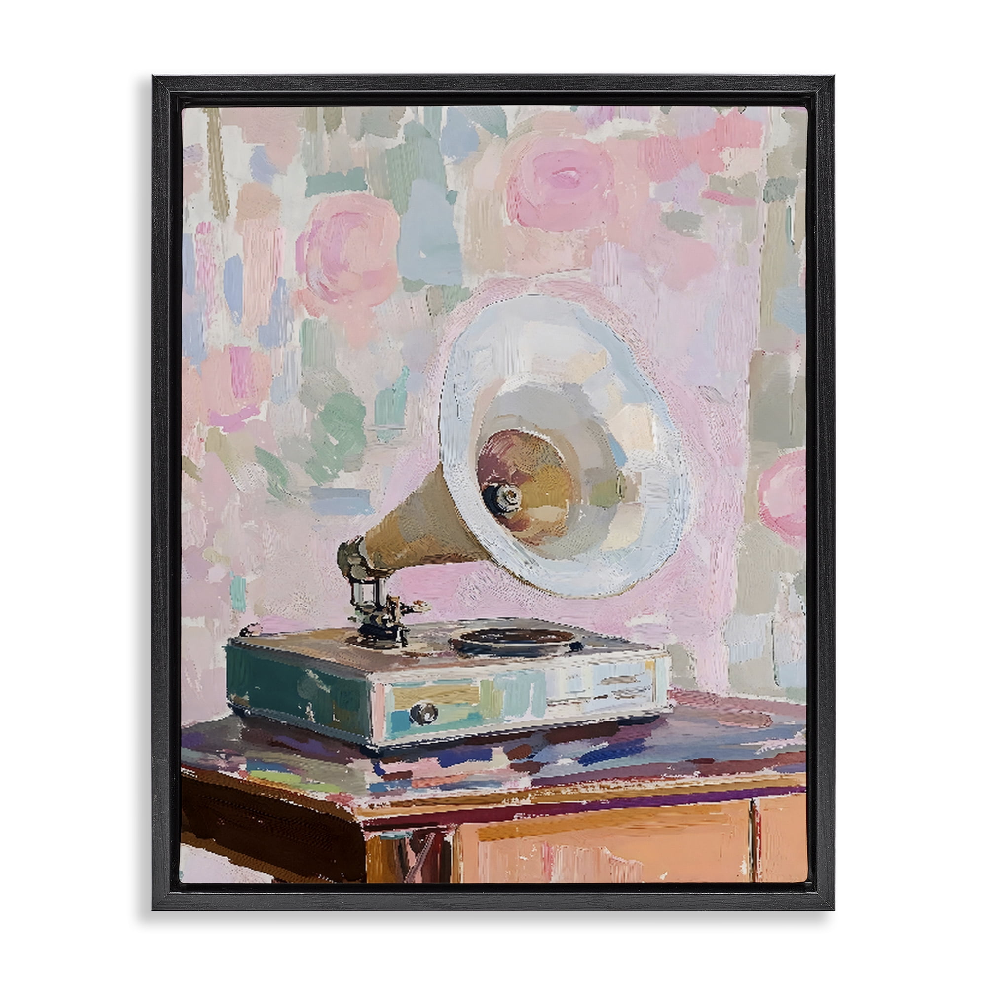 Stupell Industries Vintage Gramophone in Soft Pastels Black Framed Floater Canvas Wall Art, design by The Prints Vibe