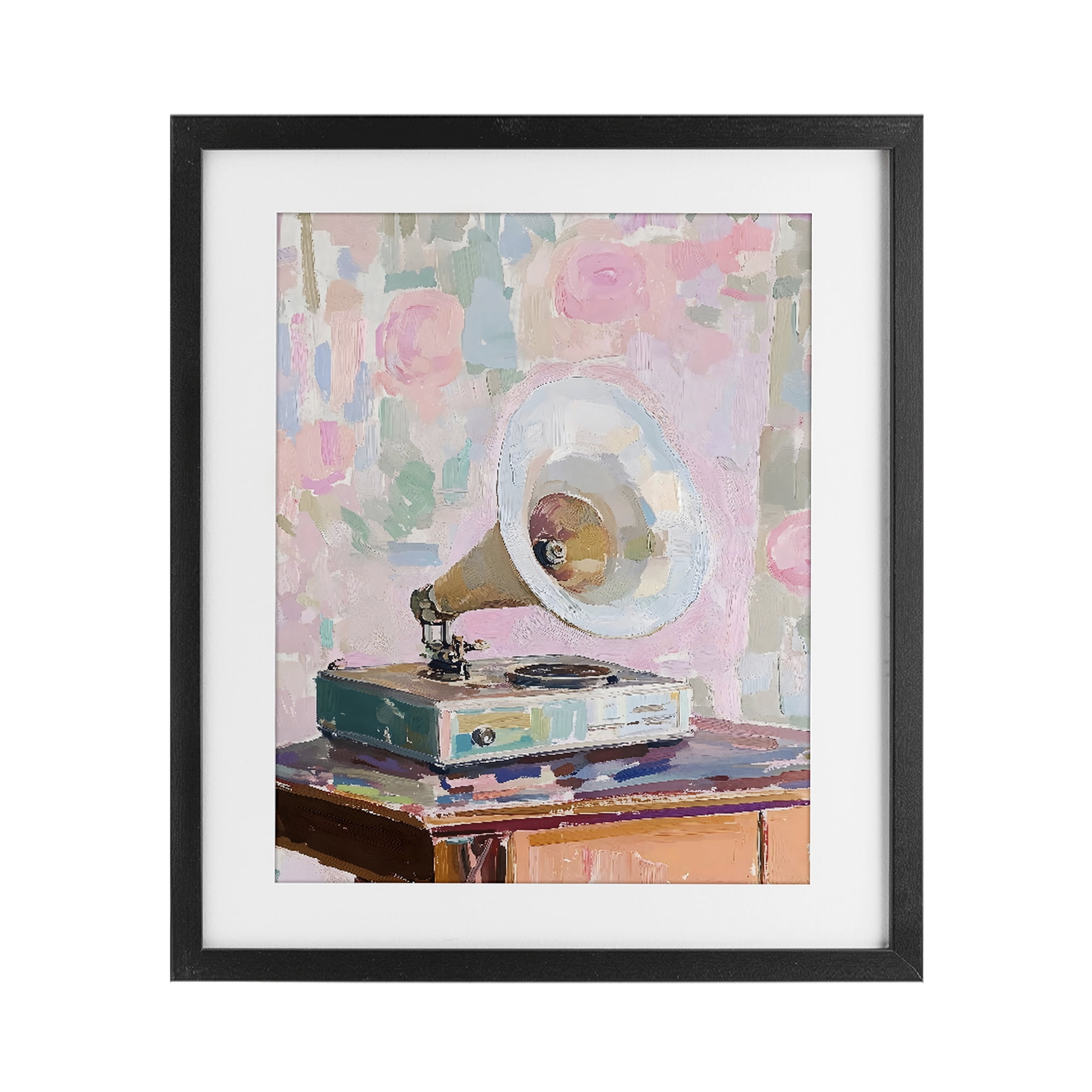 Stupell Industries Vintage Gramophone in Soft Pastels Black Framed Print Under Glass, design by The Prints Vibe
