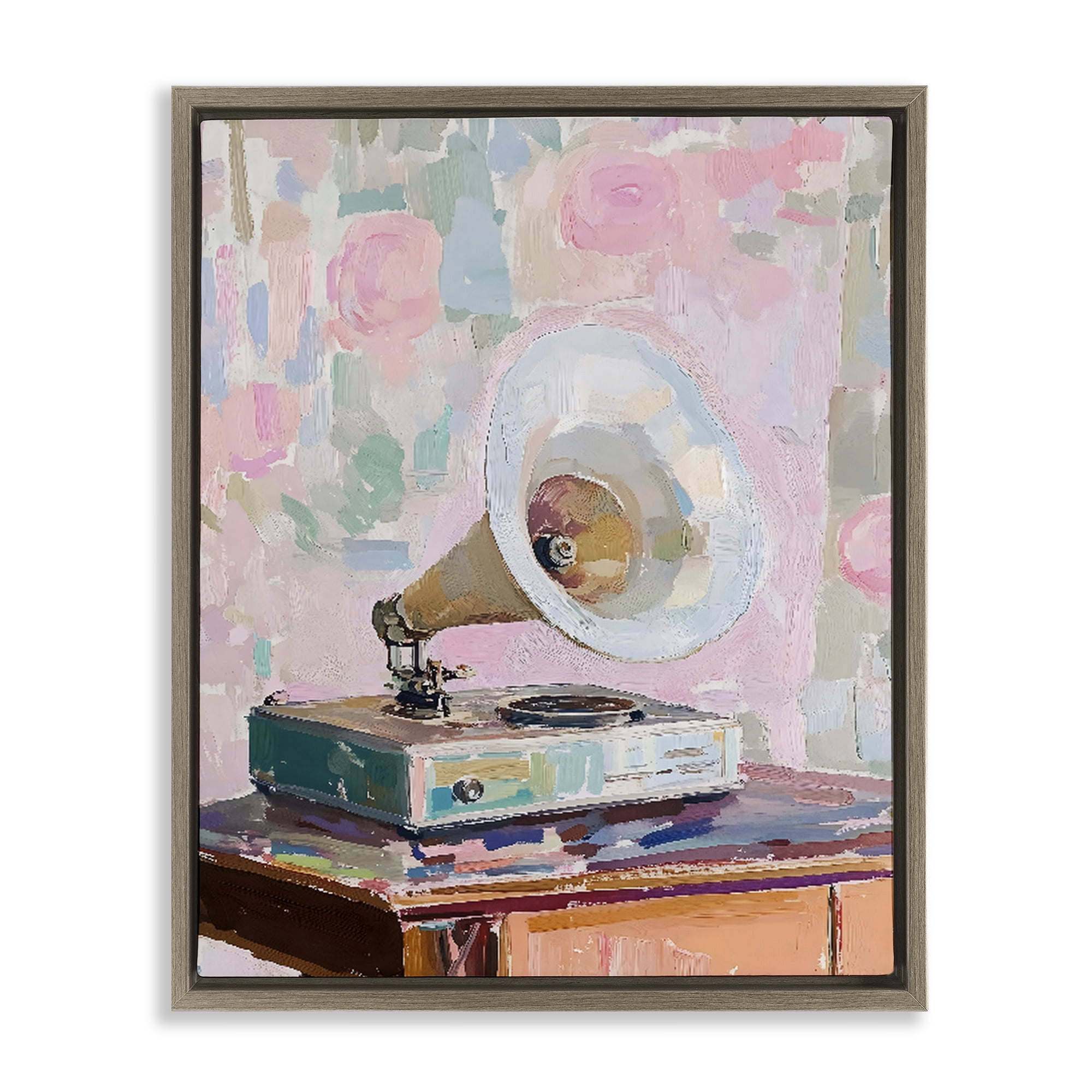 Stupell Industries Vintage Gramophone in Soft Pastels Brown Framed Floater Canvas Wall Art, design by The Prints Vibe