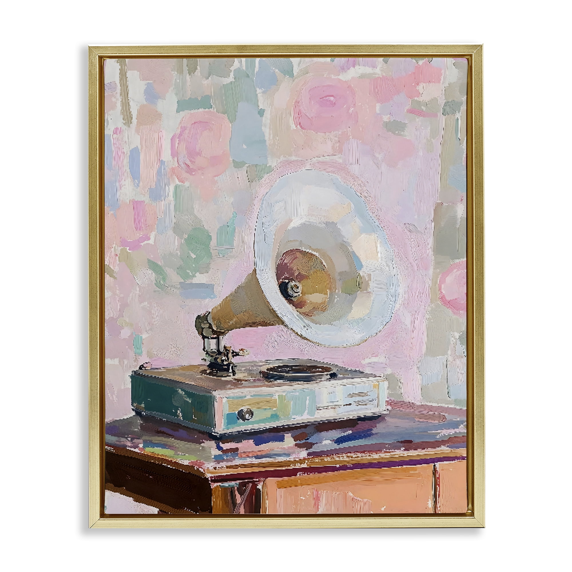 Stupell Industries Vintage Gramophone in Soft Pastels Gold Framed Floater Canvas Wall Art, design by The Prints Vibe