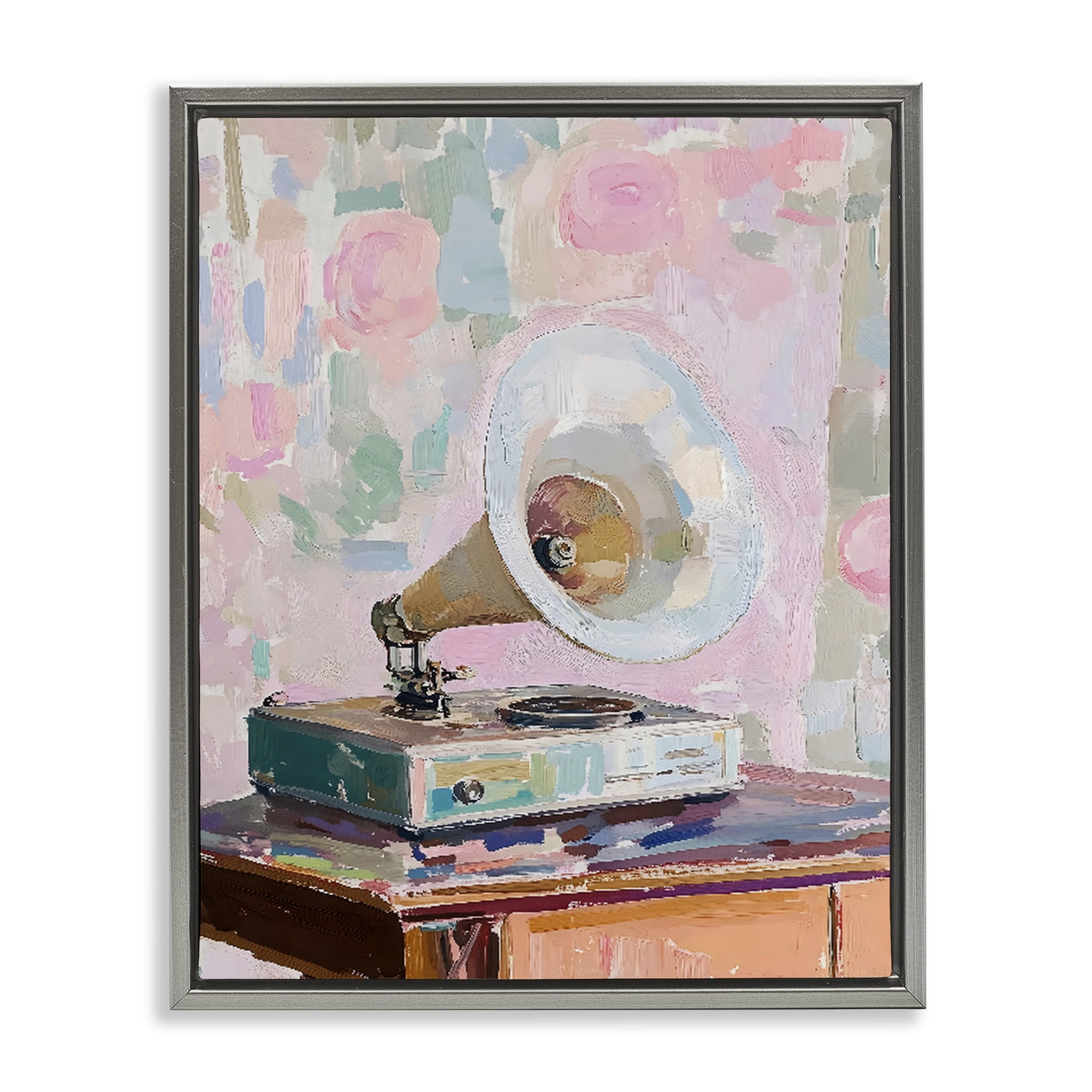 Stupell Industries Vintage Gramophone in Soft Pastels Gray Framed Floater Canvas Wall Art, design by The Prints Vibe