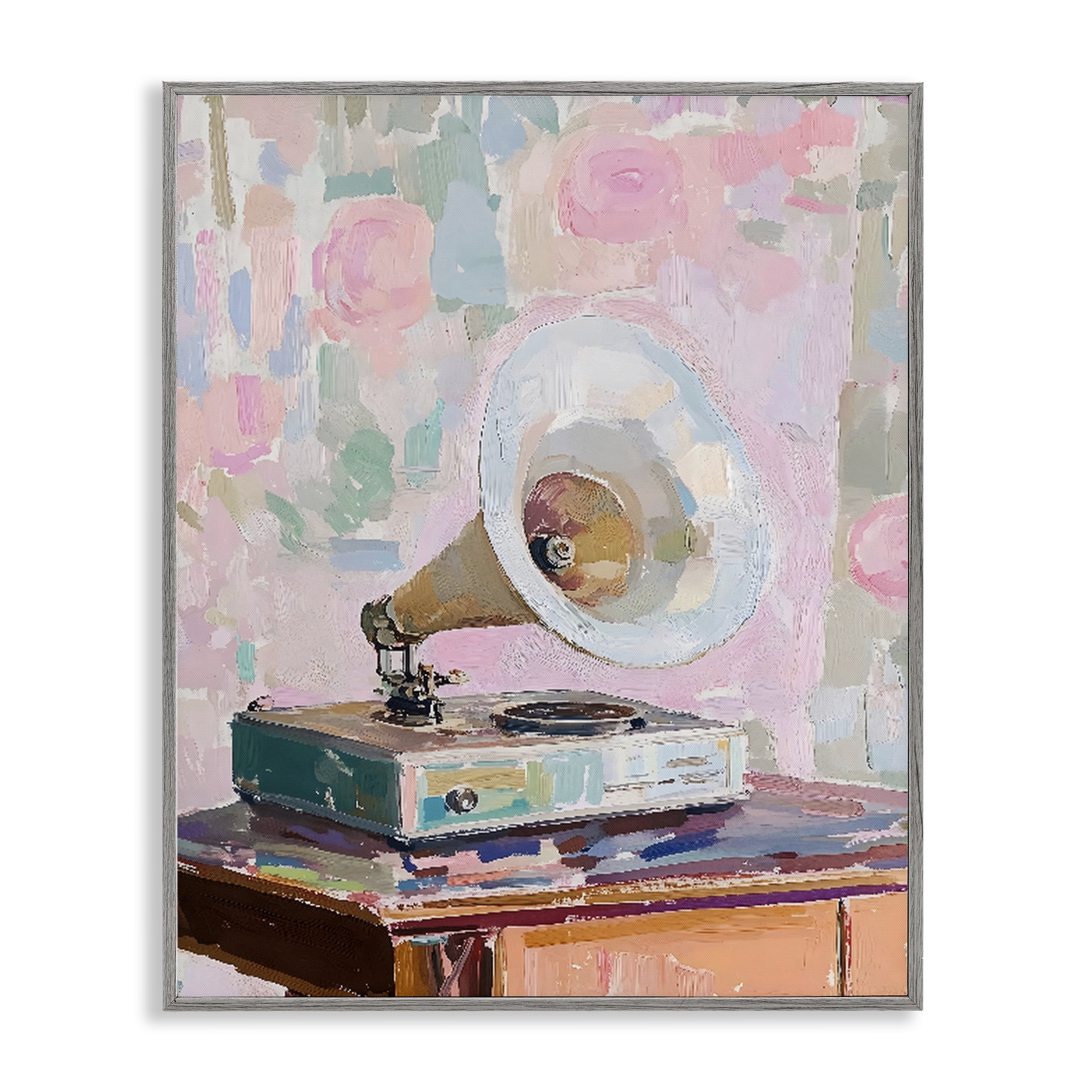 Stupell Industries Vintage Gramophone in Soft Pastels Gray Framed Giclee Art, design by The Prints Vibe