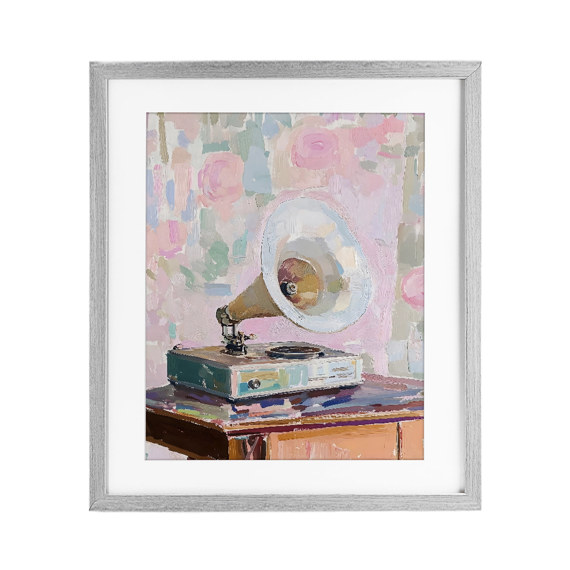 Stupell Industries Vintage Gramophone in Soft Pastels Gray Framed Print Under Glass, design by The Prints Vibe