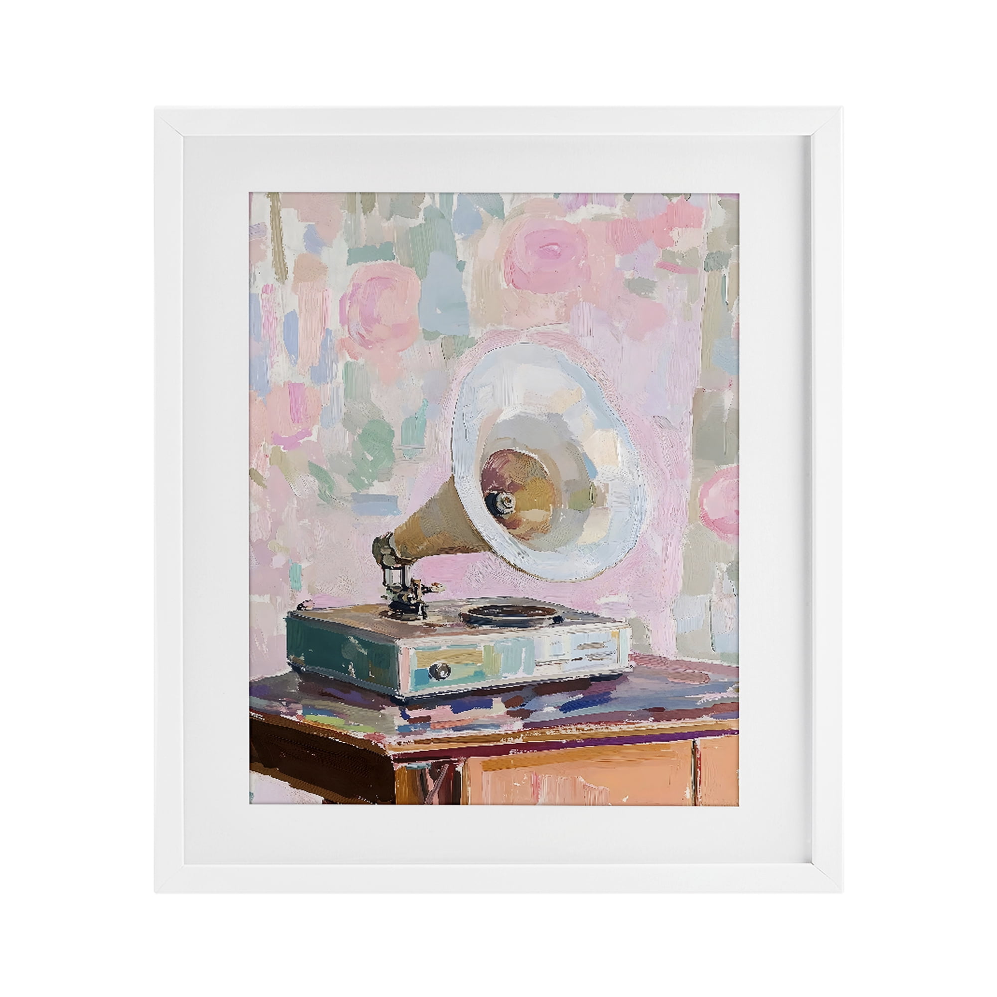 Stupell Industries Vintage Gramophone in Soft Pastels White Framed Print Under Glass, design by The Prints Vibe