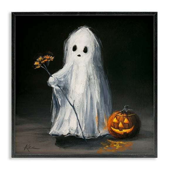 Stupell Industries Vintage Halloween Ghost & Pumpkin Black Framed Giclee Art design by Lindsay Kivi Fine Art, 24 x 24
