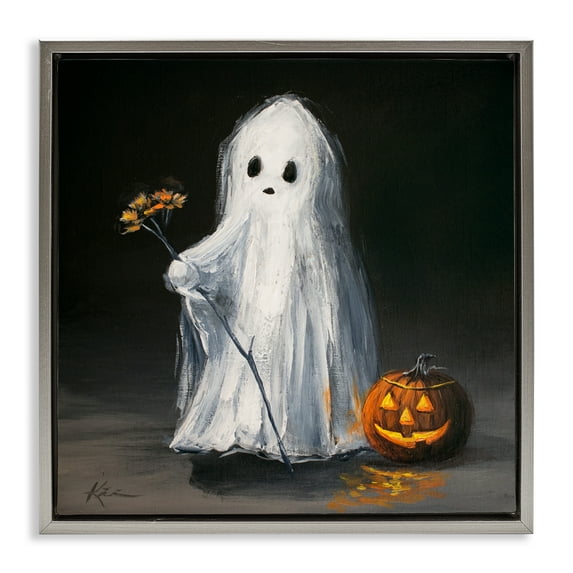 Stupell Industries Vintage Halloween Ghost & Pumpkin Gray Framed Floater Canvas Wall Art design by Lindsay Kivi Fine Art, 18 x 18