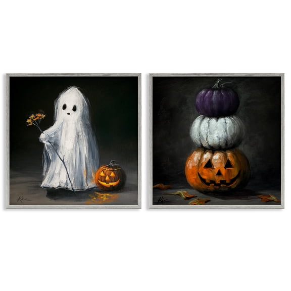 Stupell Industries Vintage Halloween Ghost & Pumpkin Stack 2 Piece Gray Framed Giclee Art Set design by Lindsay Kivi Fine Art, 17 x 17