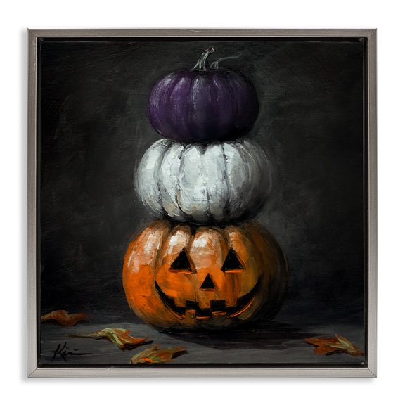 Stupell Industries Vintage Halloween Pumpkin Stack Gray Framed Floater Canvas Wall Art design by Lindsay Kivi Fine Art, 18 x 18