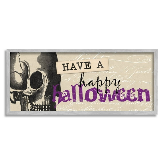Stupell Industries Vintage Happy Halloween Skull Graphic Art Gray Framed Art Print Wall Art, Design by Dogwood Portfolio