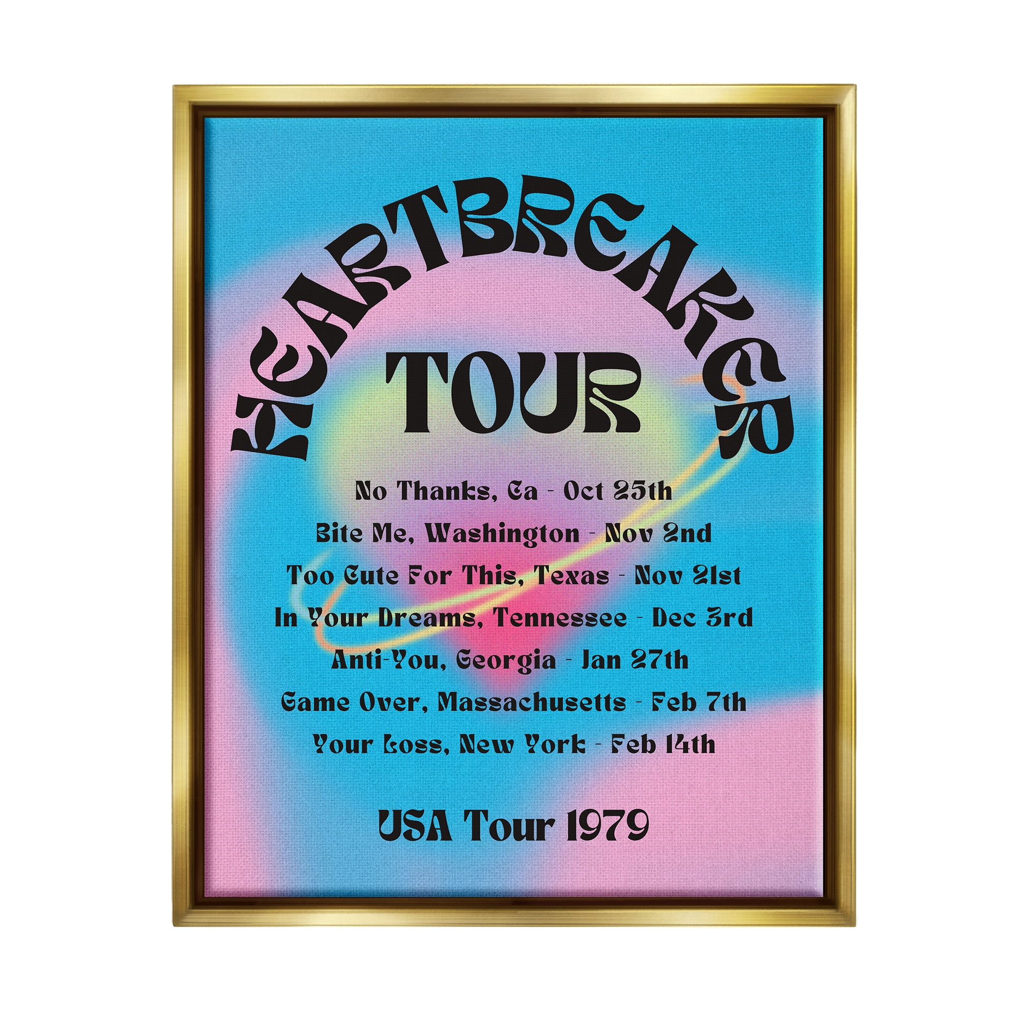 Stupell Industries Vintage Heartbreak Tour Typography Painting Gold Floater Framed Canvas Art Print Wall Art, 17 x 21