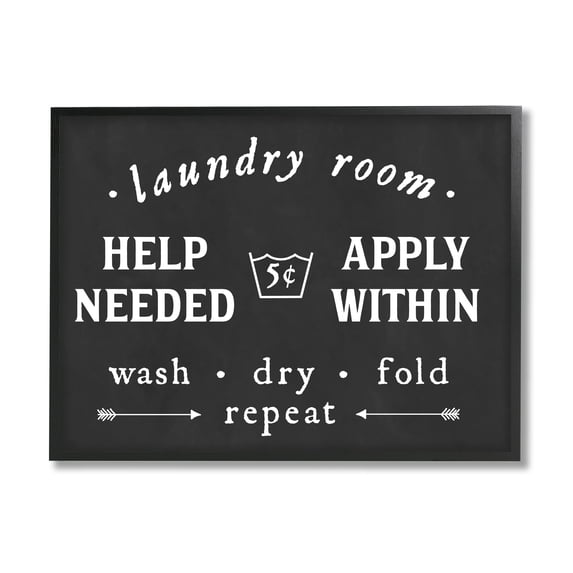 Stupell Industries Vintage Help Wanted Laundry Room Sign Black White Typography Painting Black Framed Art Print Wall Art, 24 x 30