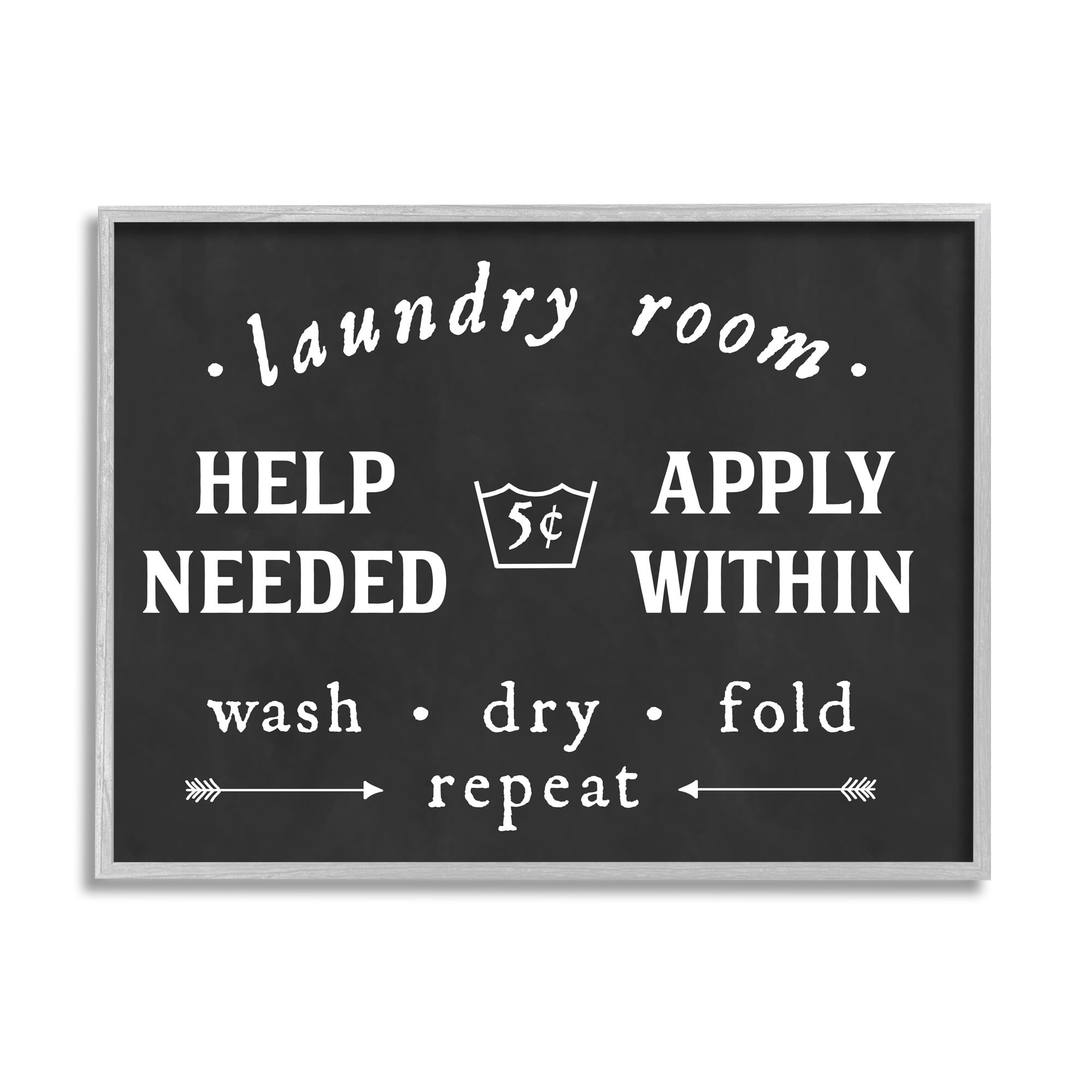 Stupell Industries Vintage Help Wanted Laundry Room Sign Black White Typography Painting Gray Framed Art Print Wall Art, 11 x 14