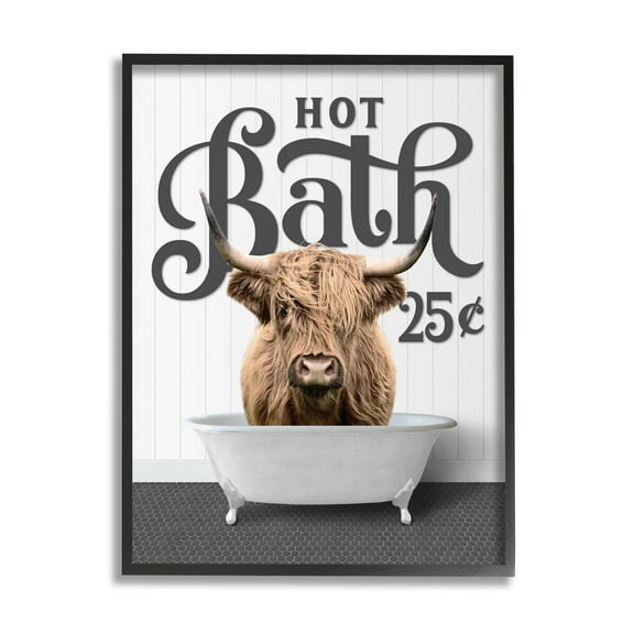 Stupell Industries Vintage Highland Cow Bath Animals & Insects Painting Black Framed Art Print Wall Art, 11 x 14