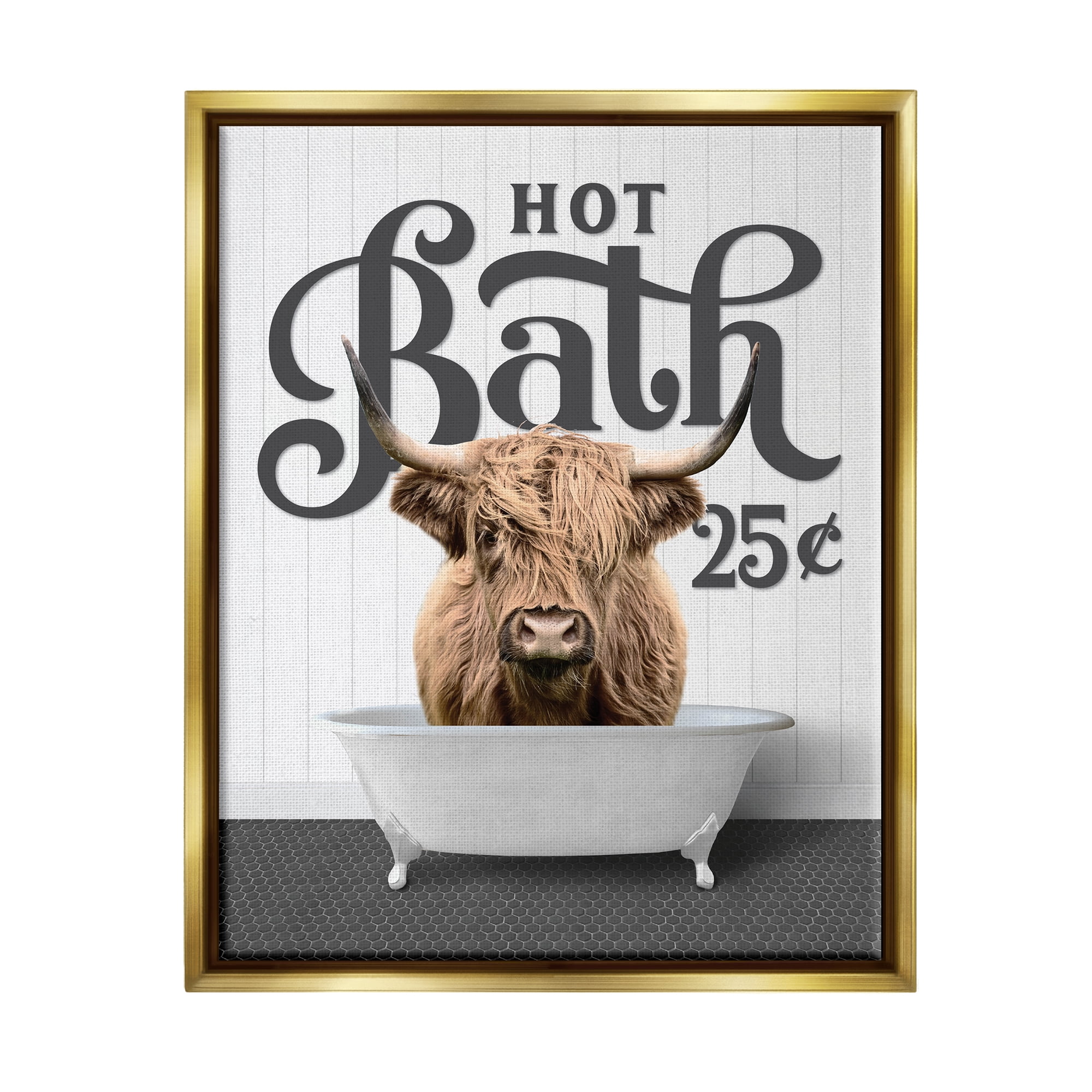 Stupell Industries Vintage Highland Cow Bath Animals & Insects Painting Gold Floater Framed Art Print Wall Art, 17 x 21
