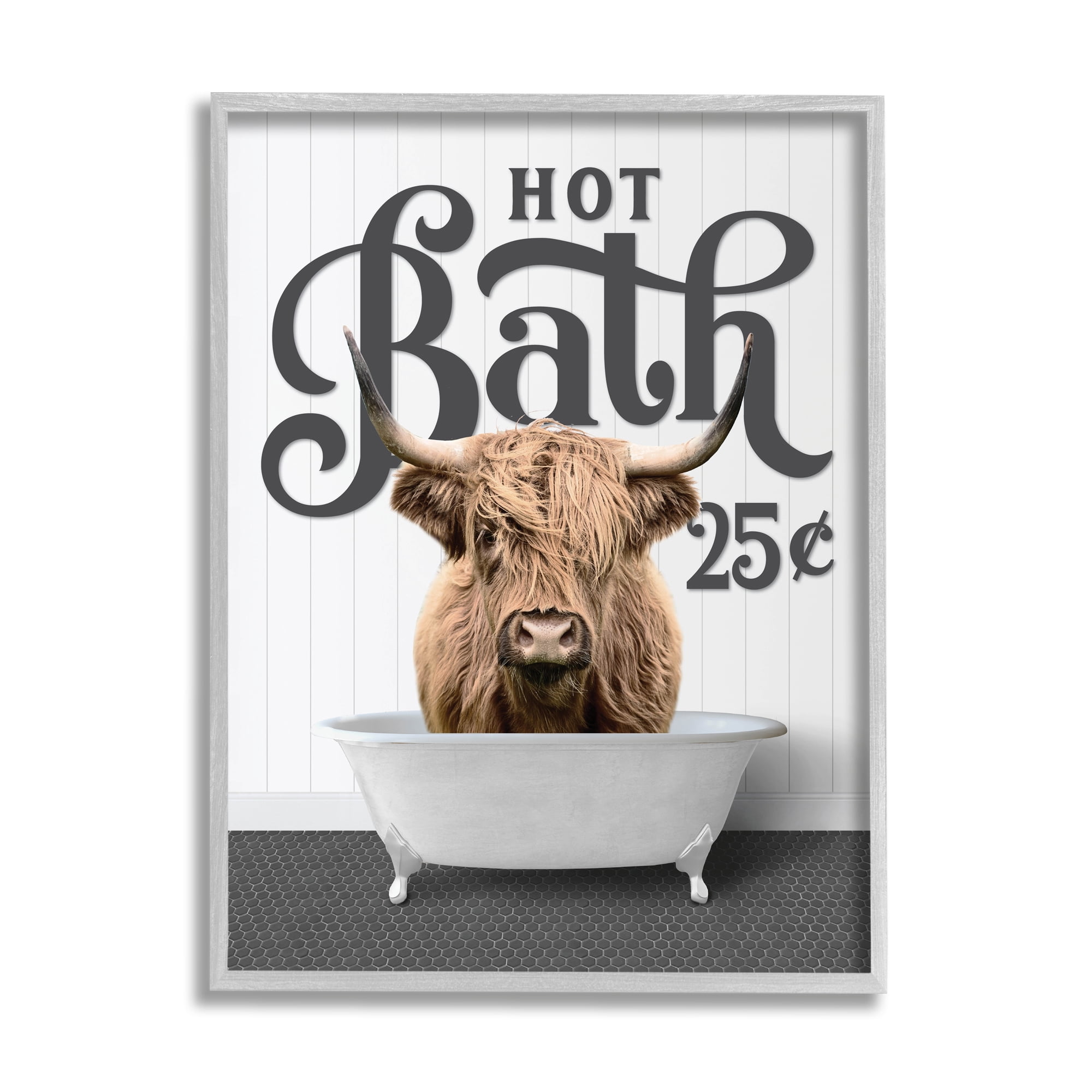 Stupell Industries Vintage Highland Cow Bath Animals & Insects Painting Gray Framed Art Print Wall Art, 16 x 20