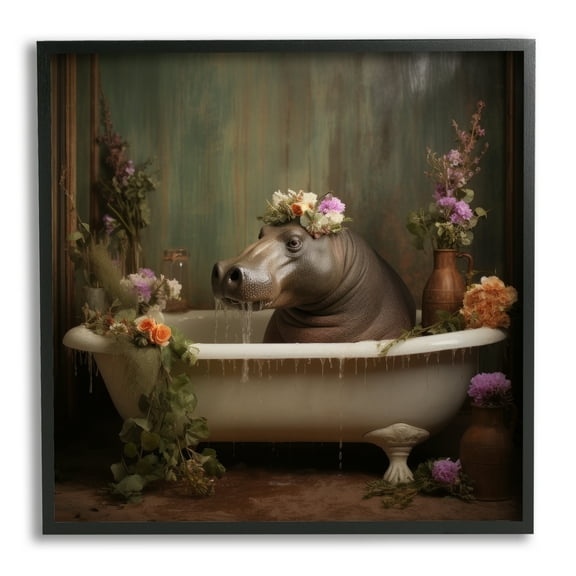 Stupell Industries Vintage Hippo Bathtub Animals & Insects Painting Black Framed Art Print Wall Art, 12 x 12