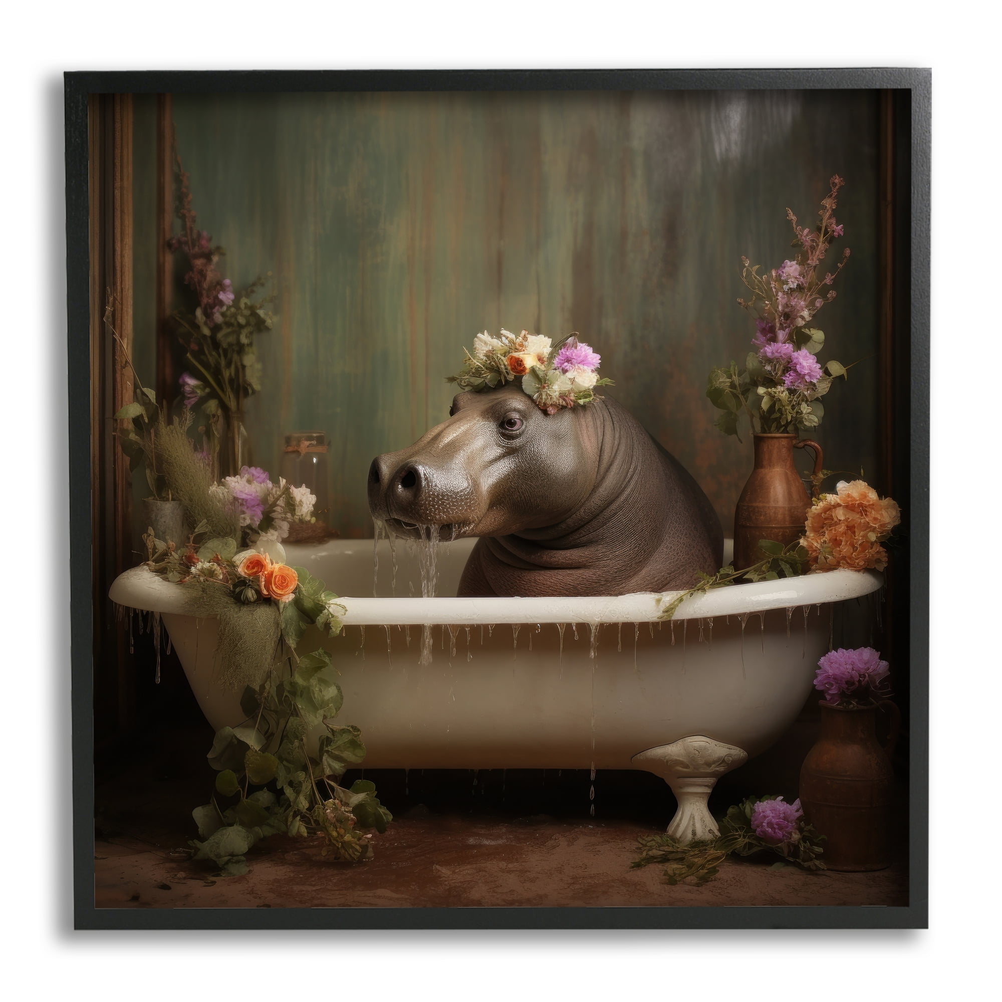 Stupell Industries Vintage Hippo Bathtub Animals & Insects Painting Black Framed Art Print Wall Art, 24 x 24