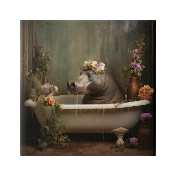 Stupell Industries Vintage Hippo Bathtub Animals & Insects Painting Gallery Wrapped Canvas Art Print Wall Art, 17 x 17