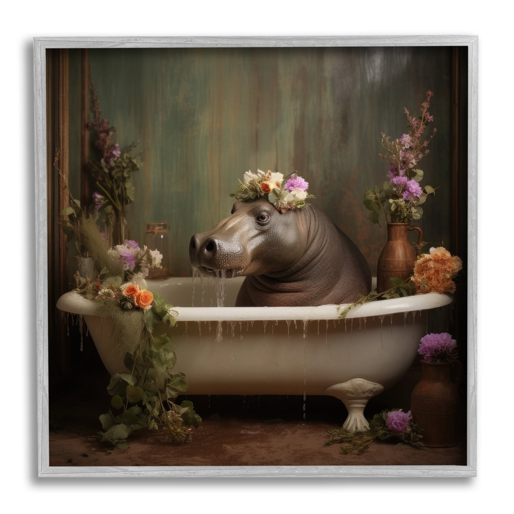 Stupell Industries Vintage Hippo Bathtub Animals & Insects Painting Gray Framed Art Print Wall Art, 24 x 24