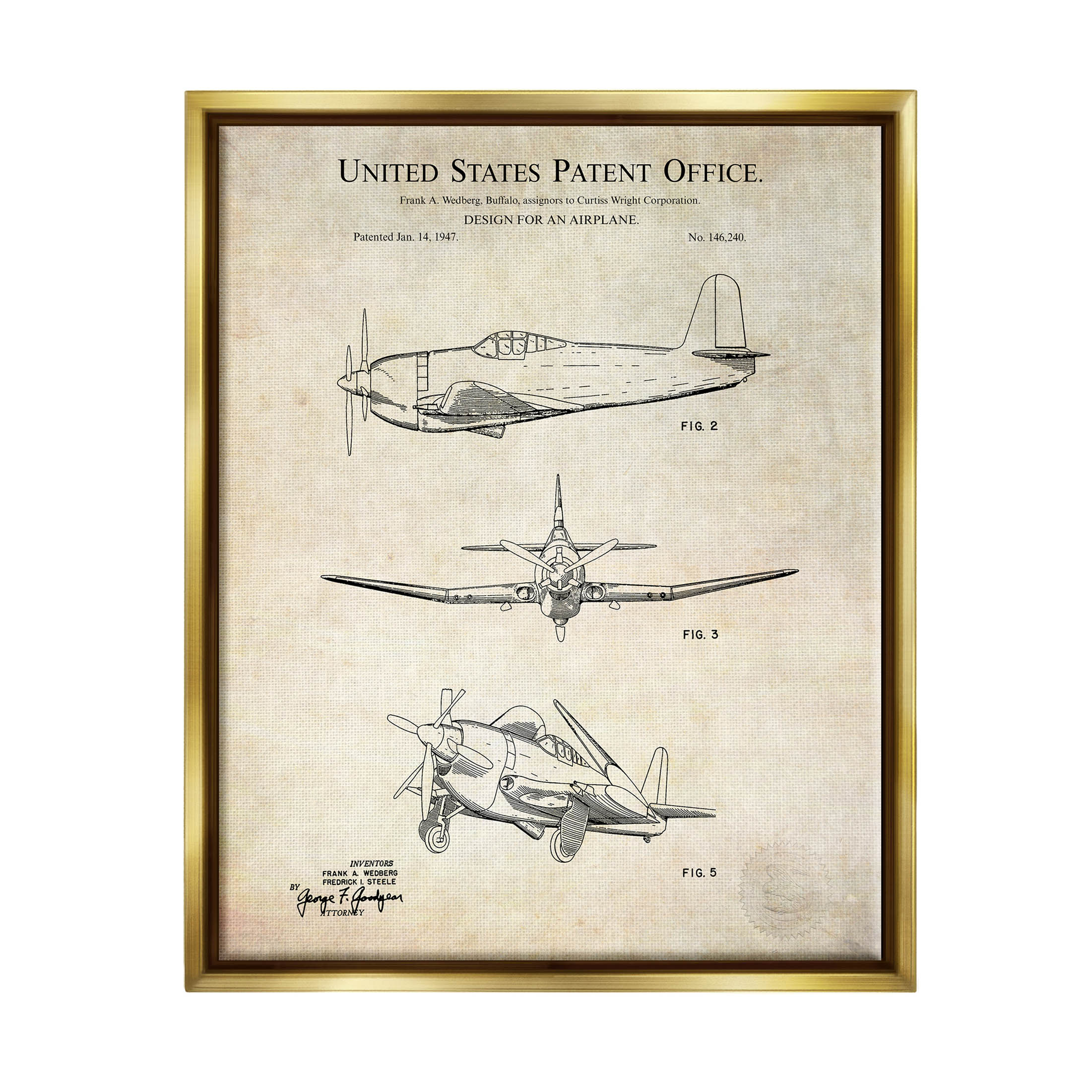 Stupell Industries Vintage Historic US Aircraft Graphic Art Metallic Gold Floating Framed Canvas Print Wall Art, Design by Karl Hronek