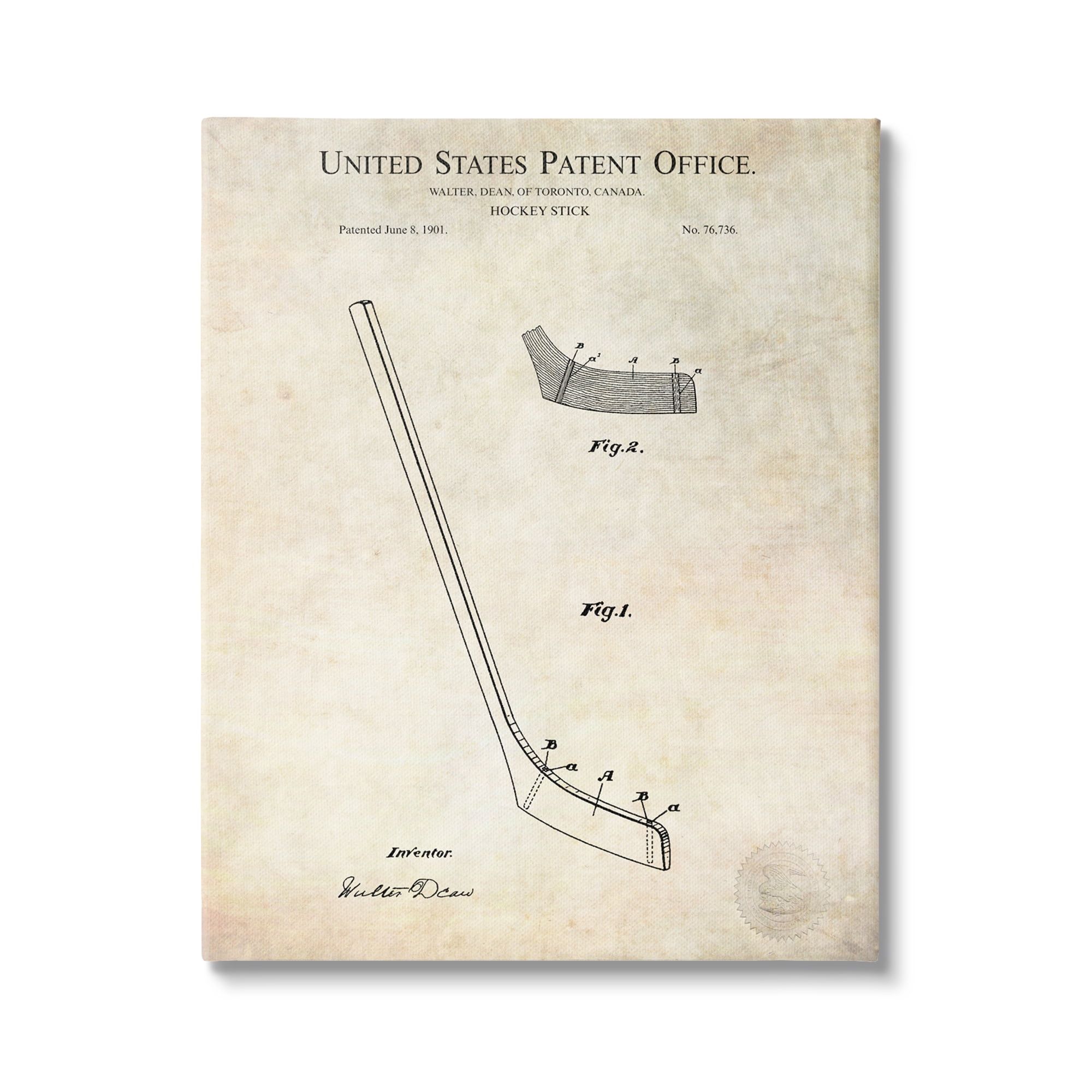 Stupell Industries Vintage Hockey Stick Sports Diagram Patent Blueprint Canvas Wall Art, 36 x 48, Design by Karl Hronek