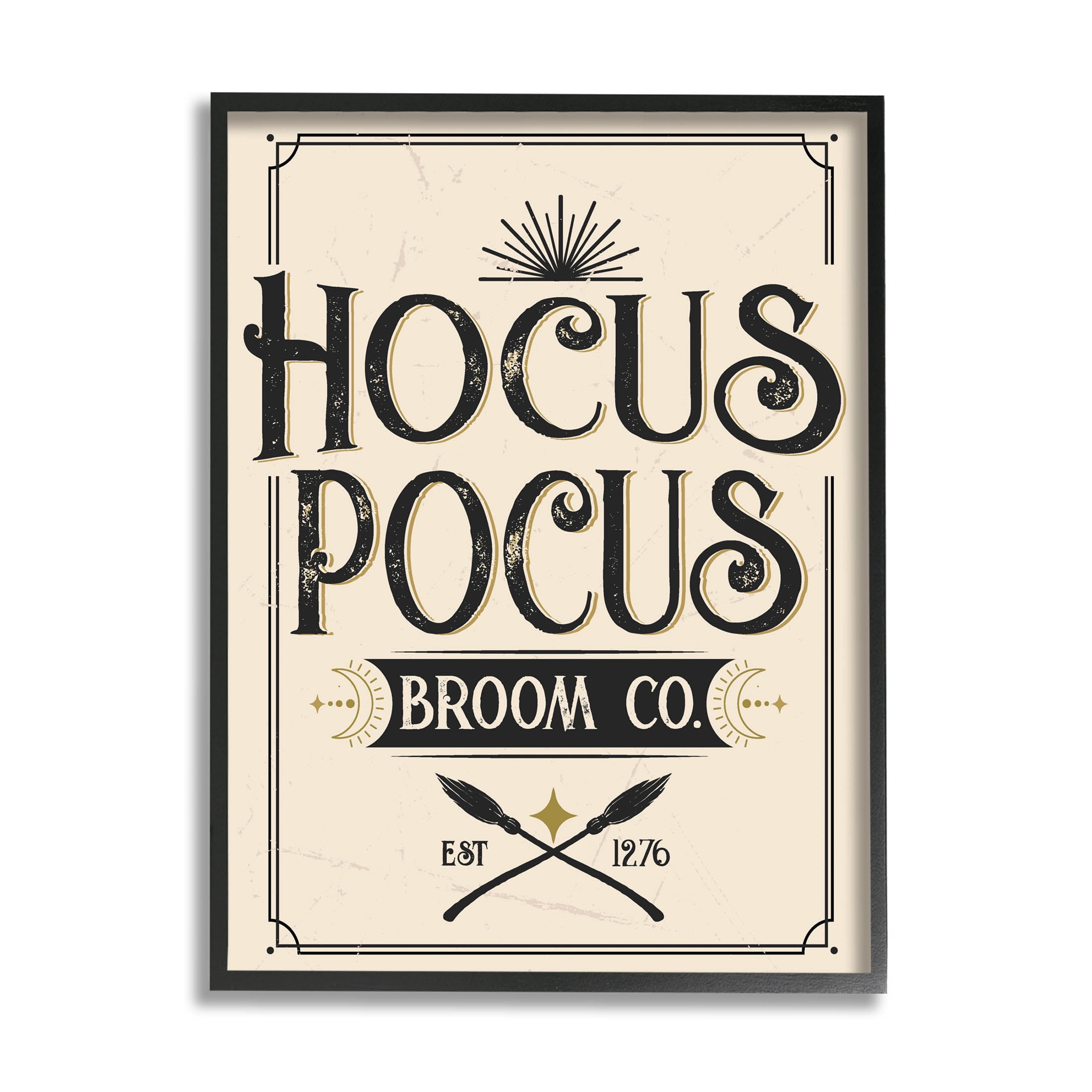 Stupell Industries Vintage Hocus Pocus Broom Sign Graphic Art Black Framed Art Print Wall Art, Design by Angela Nickeas