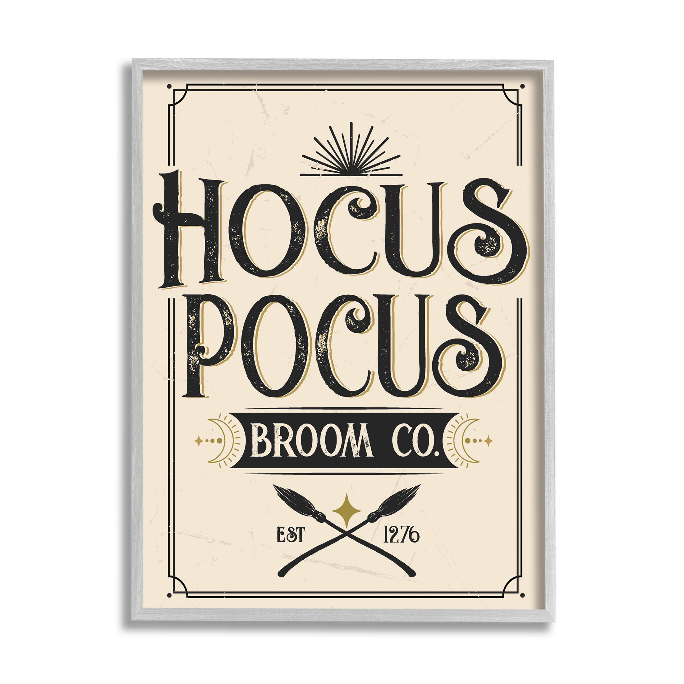 Stupell Industries Vintage Hocus Pocus Broom Sign Graphic Art Gray Framed Art Print Wall Art, Design by Angela Nickeas