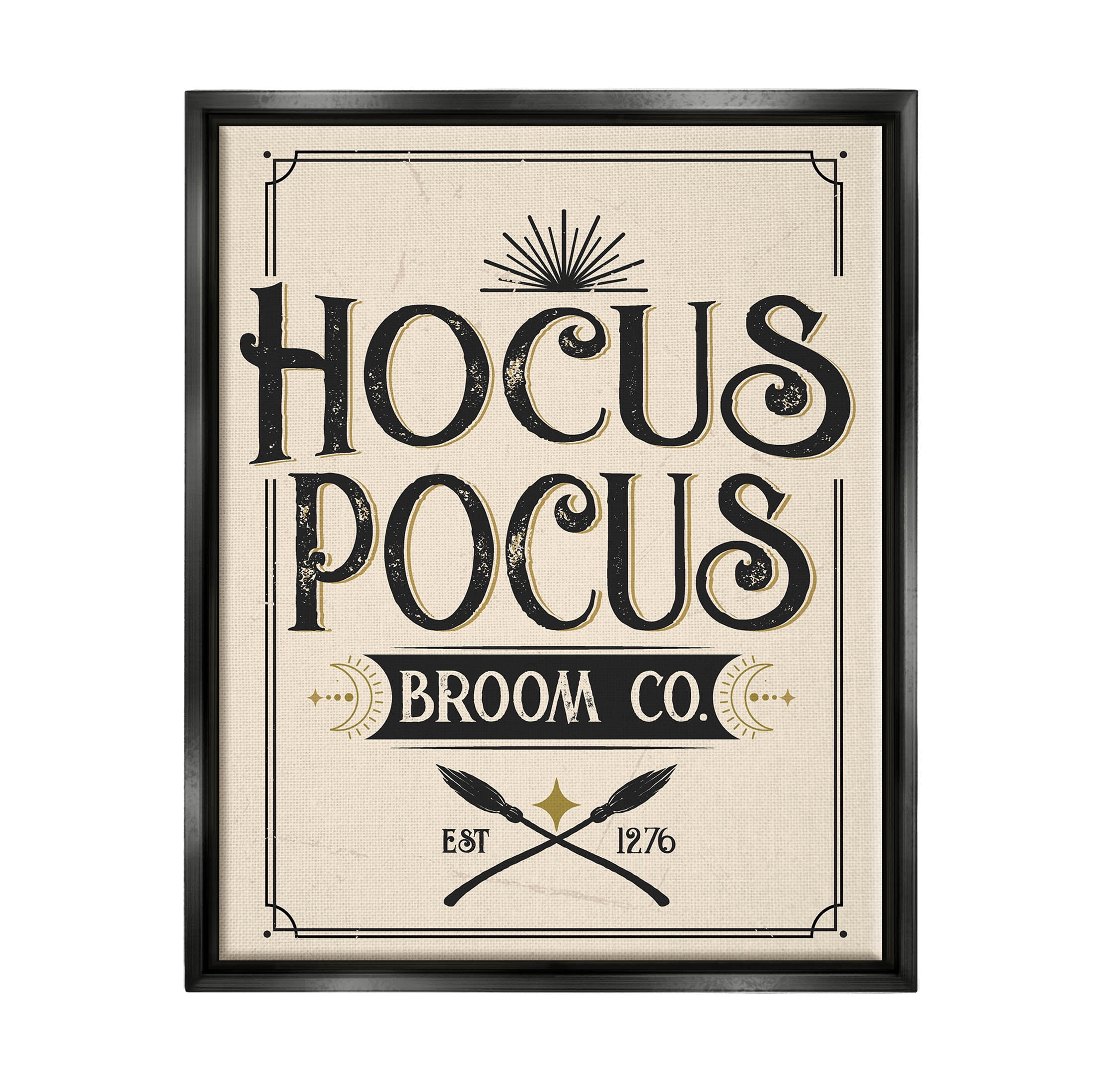 Stupell Industries Vintage Hocus Pocus Broom Sign Graphic Art Jet Black Floating Framed Canvas Print Wall Art, Design by Angela Nickeas