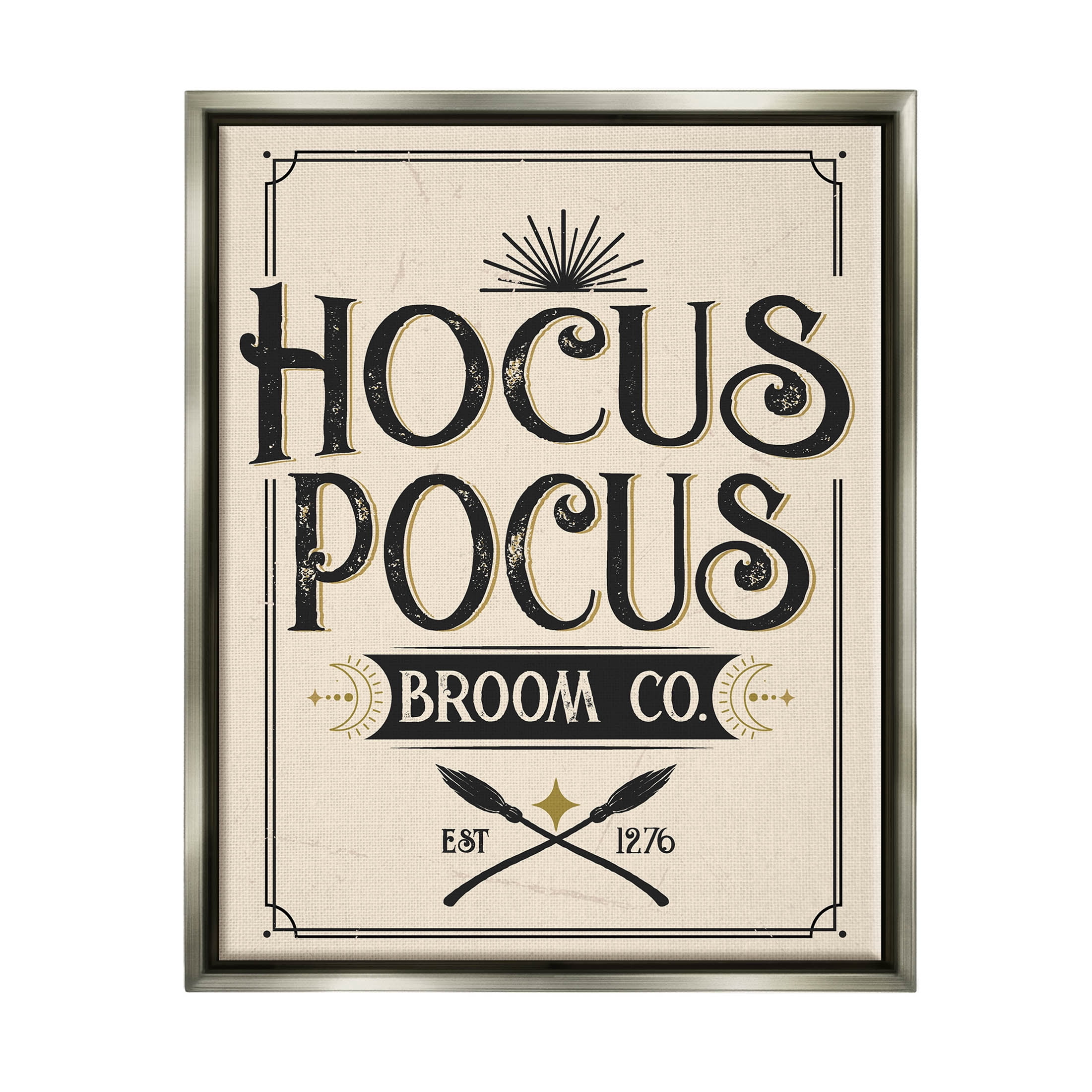 Stupell Industries Vintage Hocus Pocus Broom Sign Graphic Art Luster Gray Floating Framed Canvas Print Wall Art, Design by Angela Nickeas