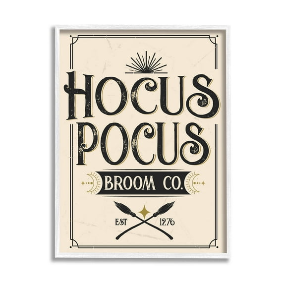 Stupell Industries Vintage Hocus Pocus Broom Sign Graphic Art White Framed Art Print Wall Art, Design by Angela Nickeas