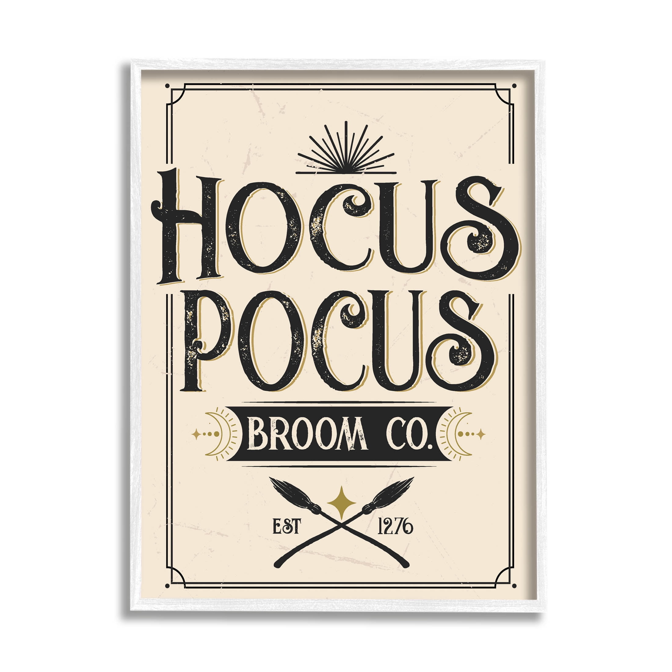 Stupell Industries Vintage Hocus Pocus Broom Sign Graphic Art White Framed Art Print Wall Art, Design by Angela Nickeas