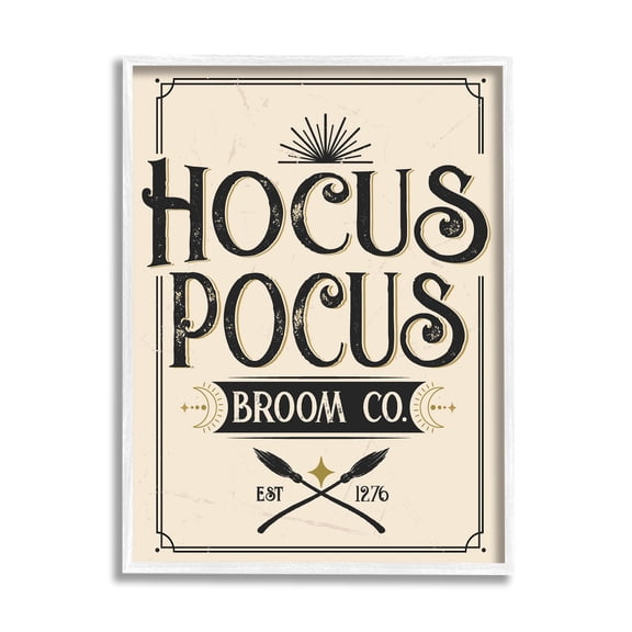 Stupell Industries Vintage Hocus Pocus Broom Sign Graphic Art White Framed Art Print Wall Art, Design by Angela Nickeas