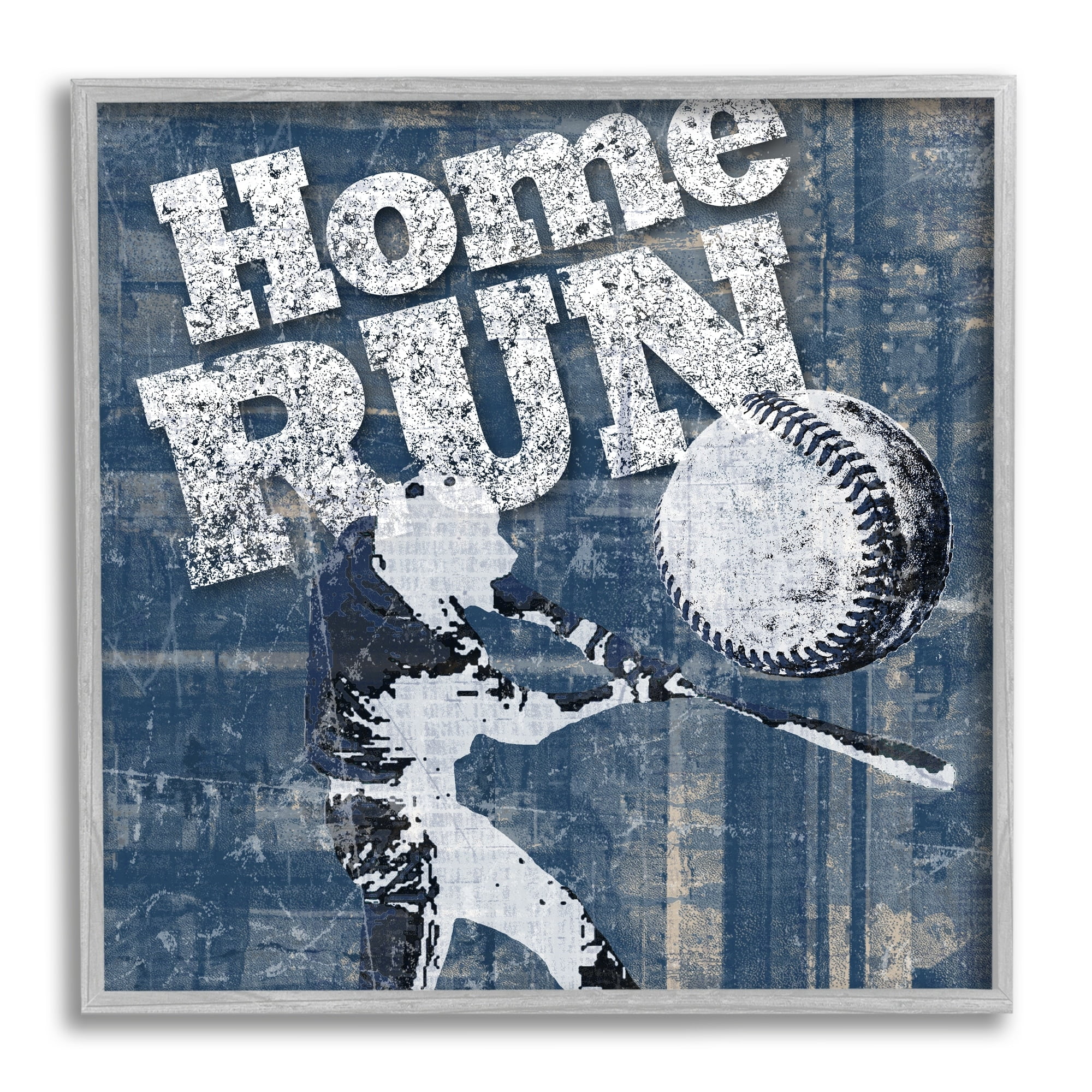 Stupell Industries Vintage Home Run Weathered Baseball Sports Sign Graphic Art Gray Framed Art Print Wall Art, Design by Katrina Craven