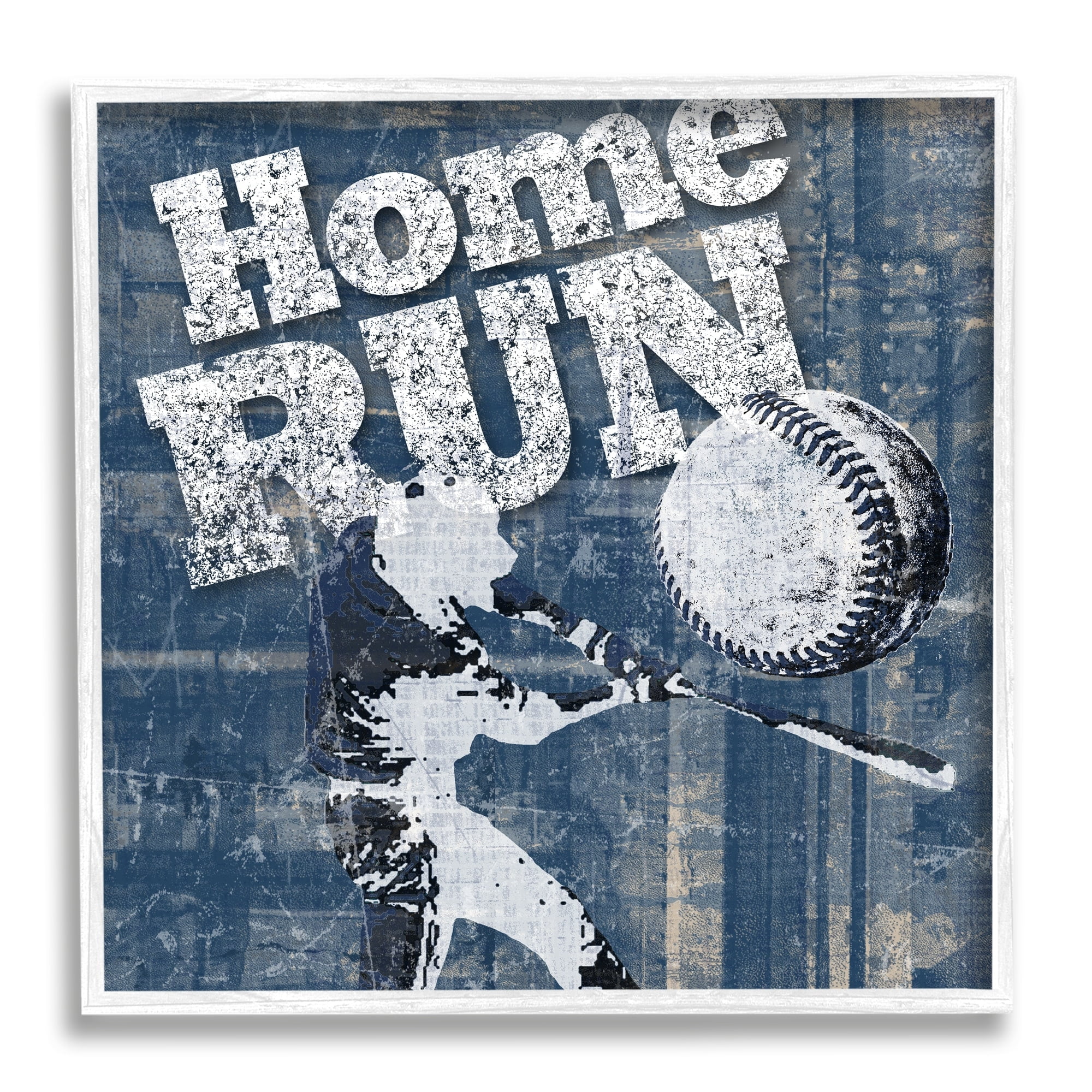 Stupell Industries Vintage Home Run Weathered Baseball Sports Sign Graphic Art White Framed Art Print Wall Art, Design by Katrina Craven