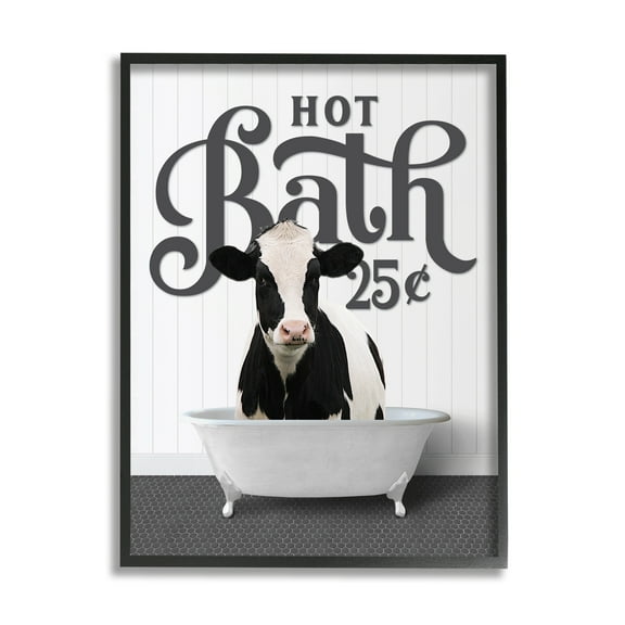Stupell Industries Vintage Hot Bath Cow Animals & Insects Painting Black Framed Art Print Wall Art, 11 x 14