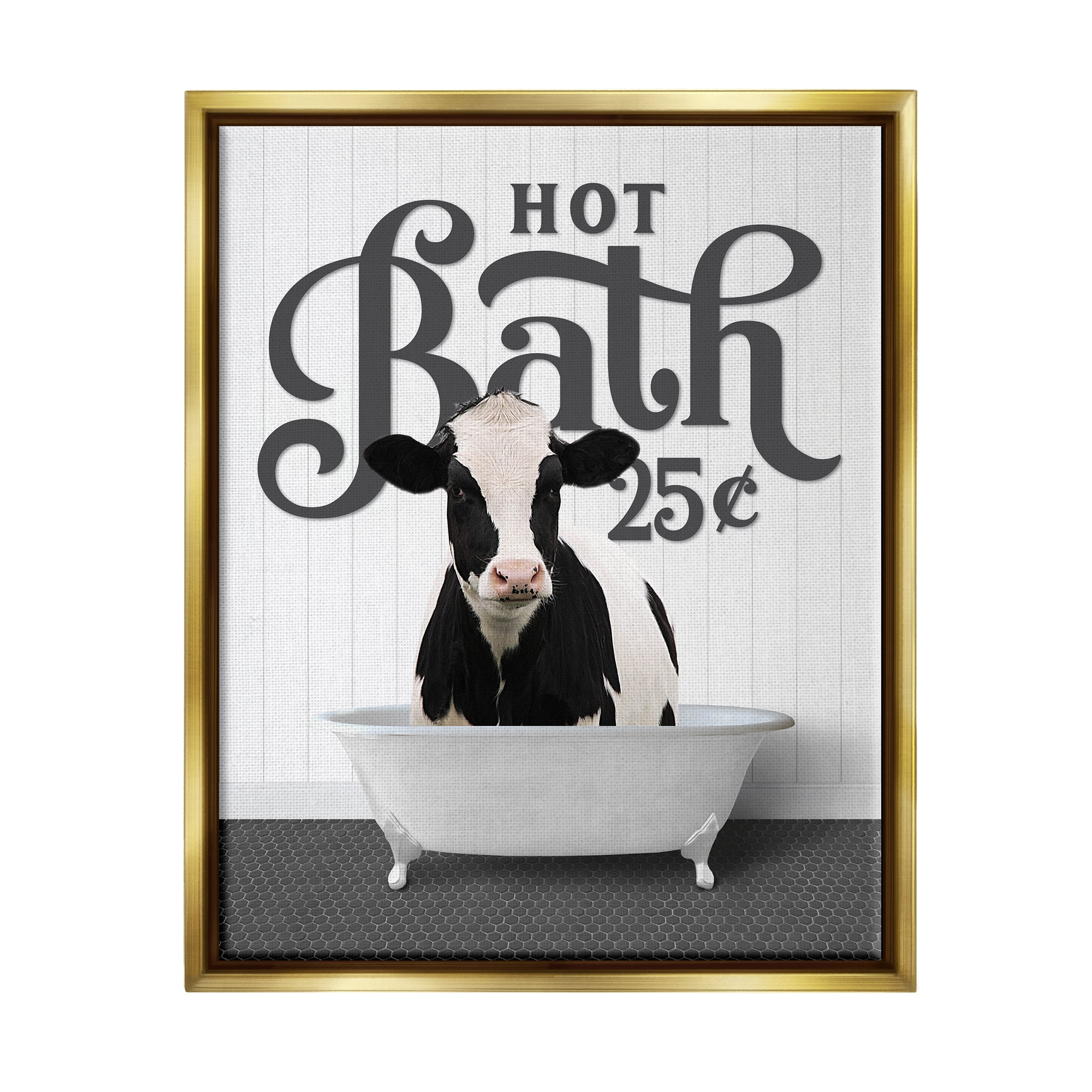 Stupell Industries Vintage Hot Bath Cow Animals & Insects Painting Gold Floater Framed Art Print Wall Art, 17 x 21