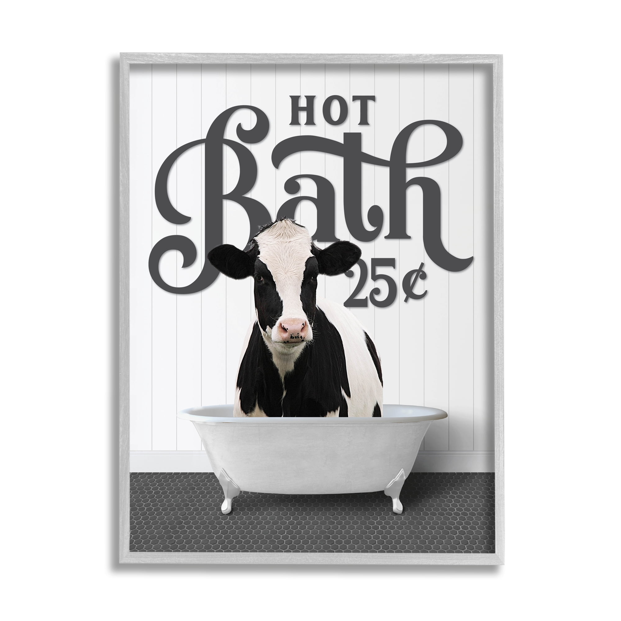 Stupell Industries Vintage Hot Bath Cow Animals & Insects Painting Gray Framed Art Print Wall Art, 24 x 30