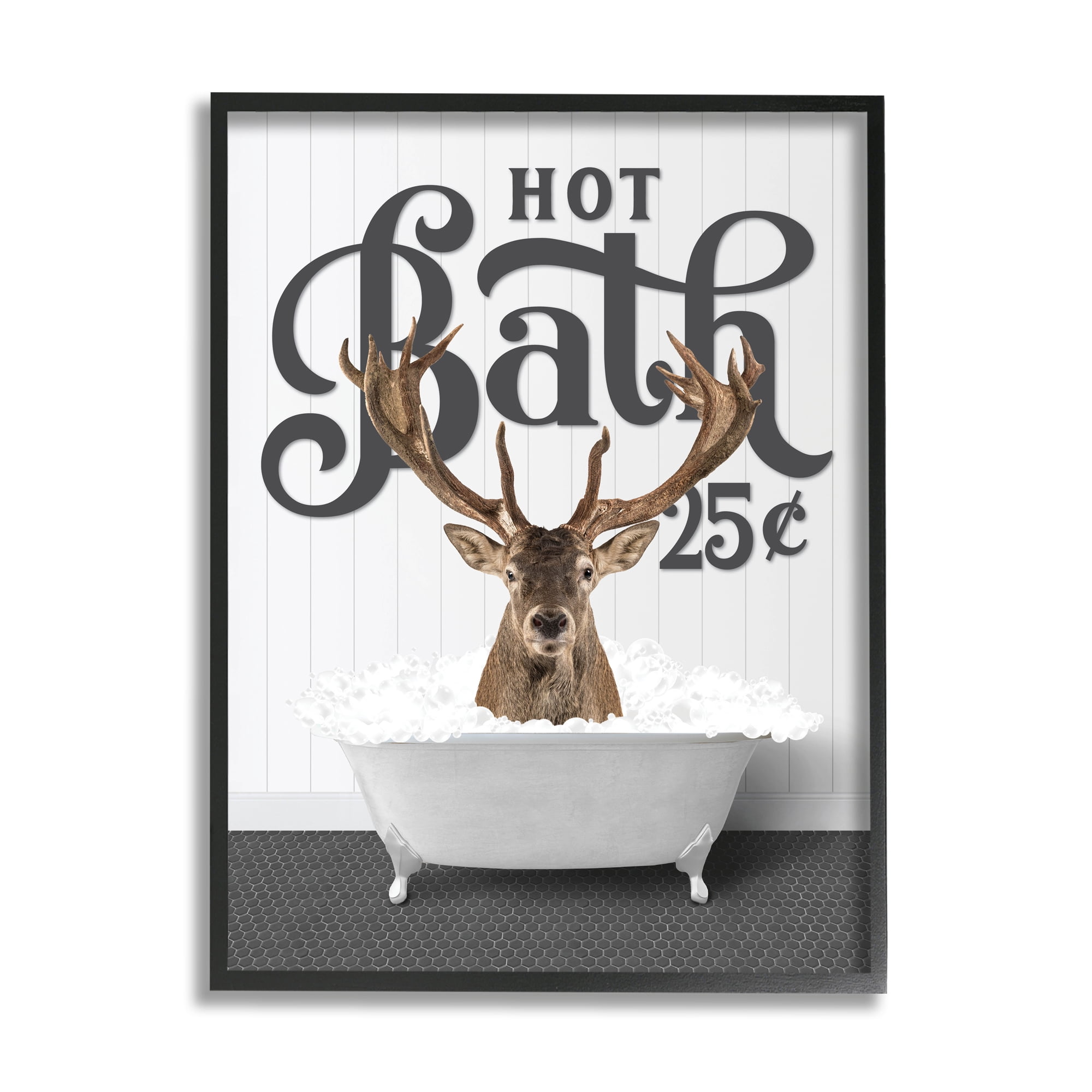Stupell Industries Vintage Hot Bath Deer Animals & Insects Painting Black Framed Art Print Wall Art, 16 x 20