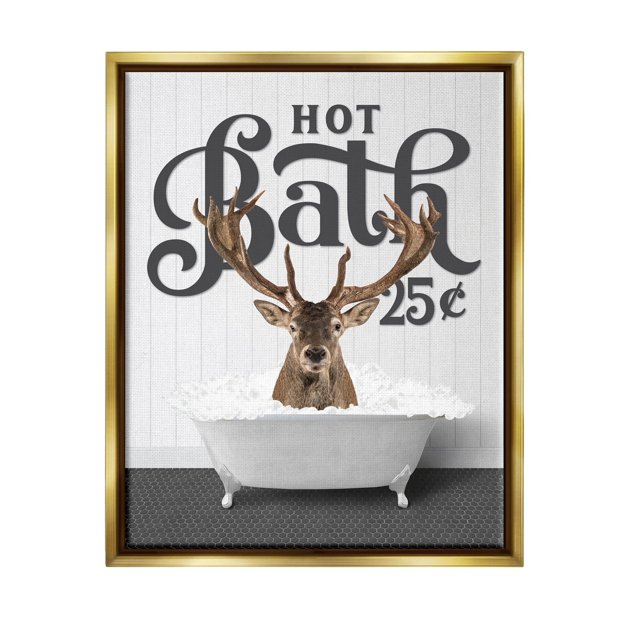 Stupell Industries Vintage Hot Bath Deer Animals & Insects Painting Gold Floater Framed Art Print Wall Art, 17 x 21