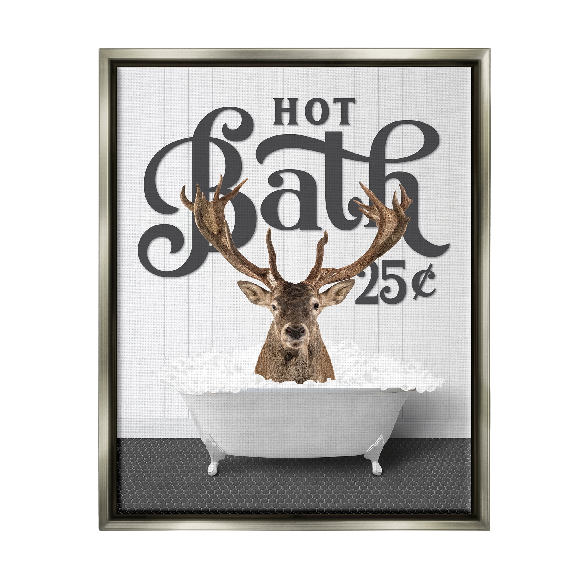 Stupell Industries Vintage Hot Bath Deer Animals & Insects Painting Gray Floater Framed Art Print Wall Art, 17 x 21